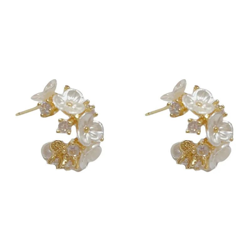 Fresh And Chic C Shaped Earrings With Diamond Encrusted Flowers For Women - Daebak