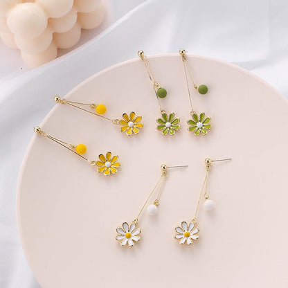 Green Flowers Daisies Fresh Trendy Korean Style Elegant No Ear Clip - Daebak