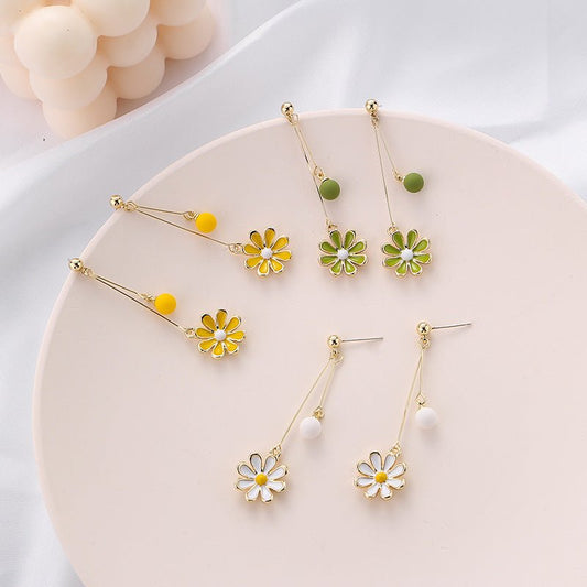 Green Flowers Daisies Fresh Trendy Korean Style Elegant No Ear Clip - Daebak