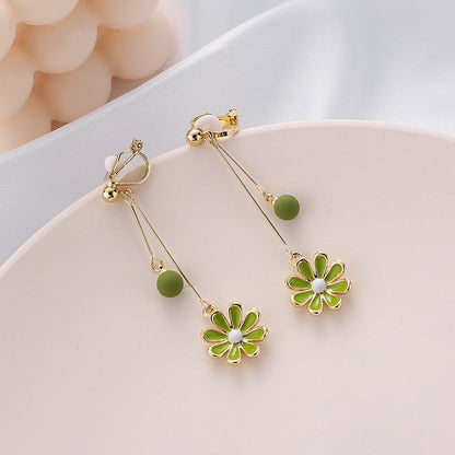 Green Flowers Daisies Fresh Trendy Korean Style Elegant No Ear Clip - Daebak