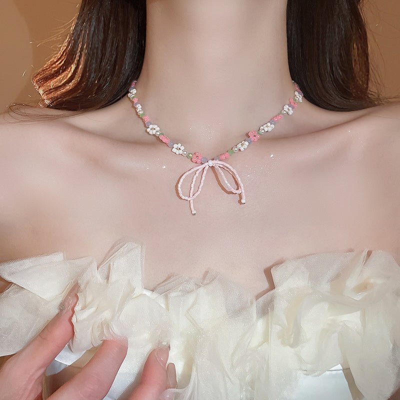 Heart Bow Pearl Korean Artsy Temperament Necklaces - Daebak