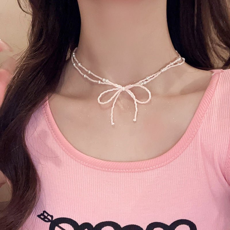 Heart Bow Pearl Korean Artsy Temperament Necklaces - Daebak