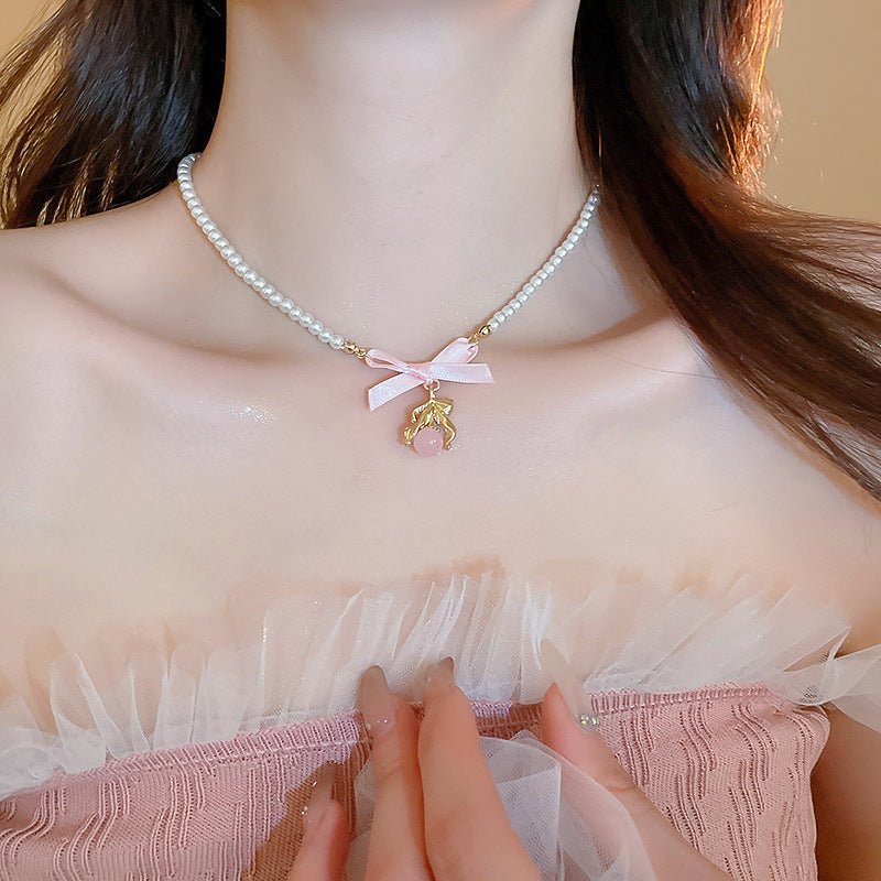 Heart Bow Pearl Korean Artsy Temperament Necklaces - Daebak