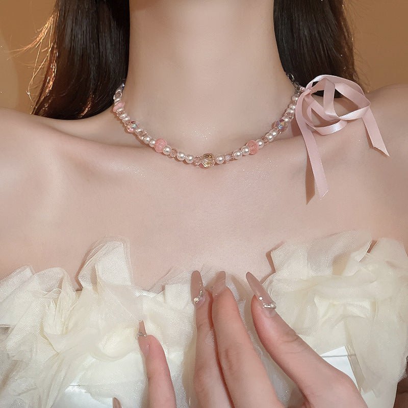 Heart Bow Pearl Korean Artsy Temperament Necklaces - Daebak