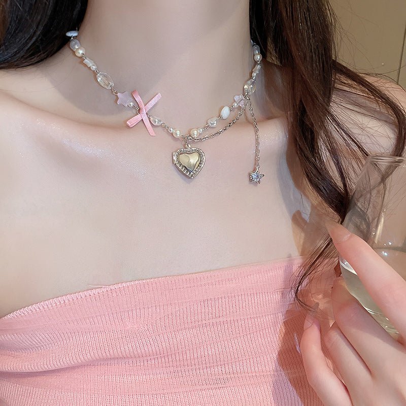Heart Bow Pearl Korean Artsy Temperament Necklaces - Daebak