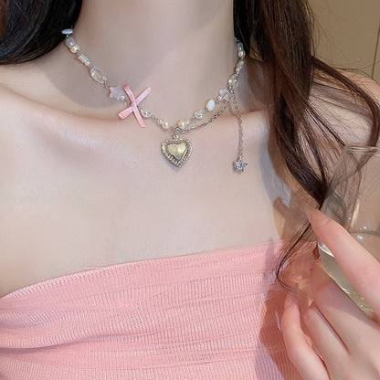 Heart Bow Pearl Korean Artsy Temperament Necklaces - Daebak
