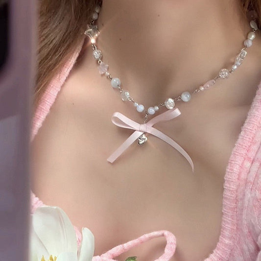 Heart Bow Pearl Korean Artsy Temperament Necklaces - Daebak