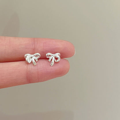 High-grade Bow Small Sier-plated Geometric Korean Earrings - Daebak