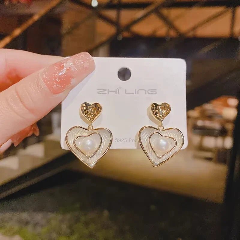Korean Heart Drop Earrings For Women Girl Romantic Valentine's Day Gift Fashion Jewelry Trend Hanging Pearl Cute Bowknot Earring - Daebak
