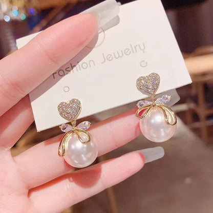 Korean Heart Drop Earrings For Women Girl Romantic Valentine's Day Gift Fashion Jewelry Trend Hanging Pearl Cute Bowknot Earring - Daebak