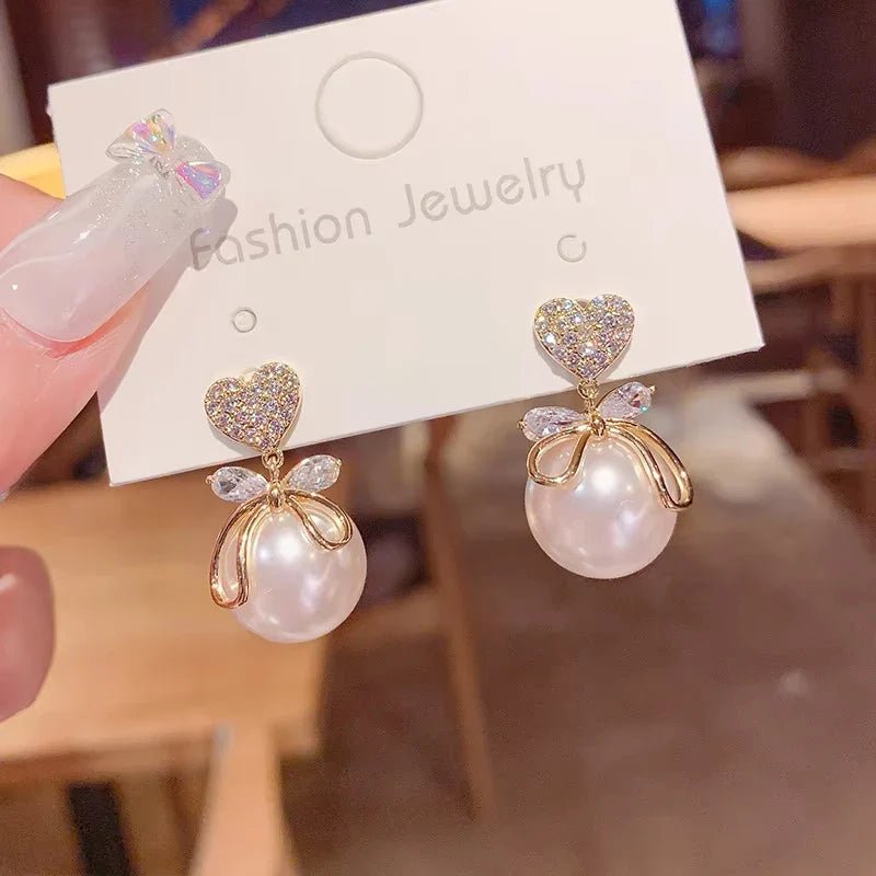 Korean Heart Drop Earrings For Women Girl Romantic Valentine's Day Gift Fashion Jewelry Trend Hanging Pearl Cute Bowknot Earring - Daebak