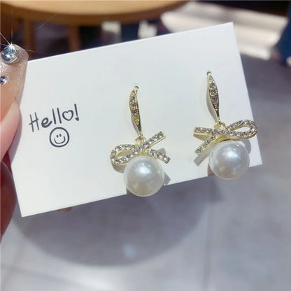 Korean Heart Drop Earrings For Women Girl Romantic Valentine's Day Gift Fashion Jewelry Trend Hanging Pearl Cute Bowknot Earring - Daebak