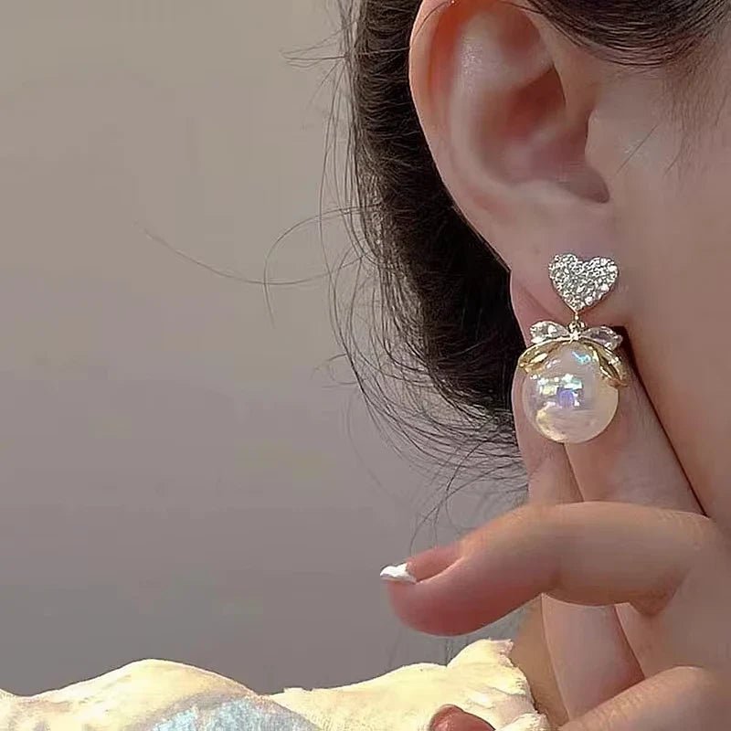 Korean Heart Drop Earrings For Women Girl Romantic Valentine's Day Gift Fashion Jewelry Trend Hanging Pearl Cute Bowknot Earring - Daebak
