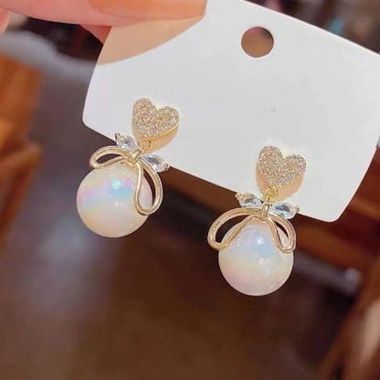 Korean Heart Drop Earrings For Women Girl Romantic Valentine's Day Gift Fashion Jewelry Trend Hanging Pearl Cute Bowknot Earring - Daebak