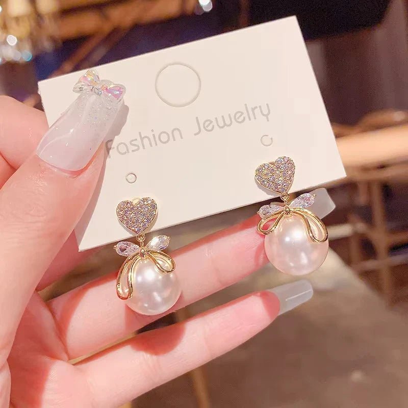 Korean Heart Drop Earrings For Women Girl Romantic Valentine's Day Gift Fashion Jewelry Trend Hanging Pearl Cute Bowknot Earring - Daebak