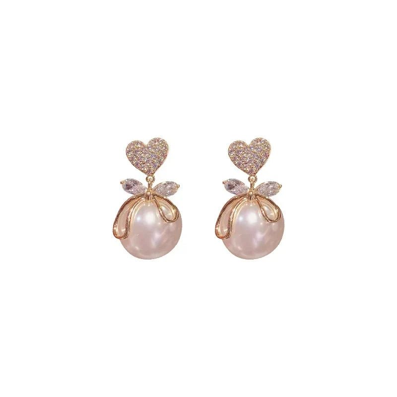 Korean Heart Drop Earrings For Women Girl Romantic Valentine's Day Gift Fashion Jewelry Trend Hanging Pearl Cute Bowknot Earring - Daebak