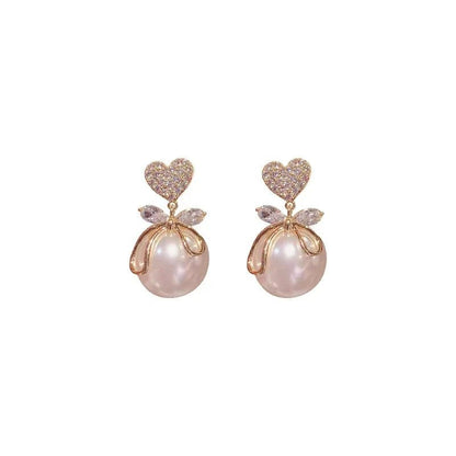 Korean Heart Drop Earrings For Women Girl Romantic Valentine's Day Gift Fashion Jewelry Trend Hanging Pearl Cute Bowknot Earring - Daebak
