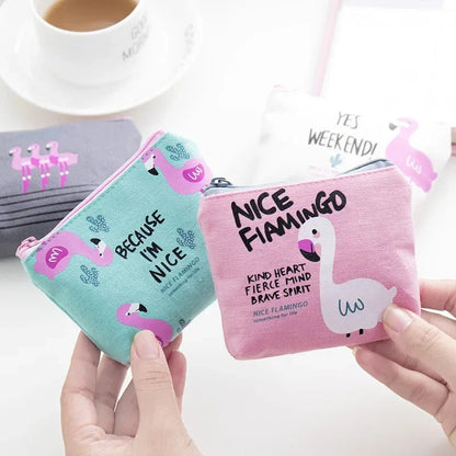 Korean Square Flamingo Coin Money Pouch | Small Canvas Zipper Wallet for Students - Daebak
