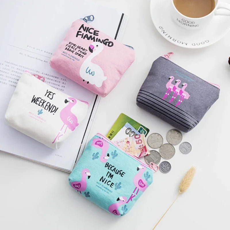 Korean Square Flamingo Coin Money Pouch | Small Canvas Zipper Wallet for Students - Daebak