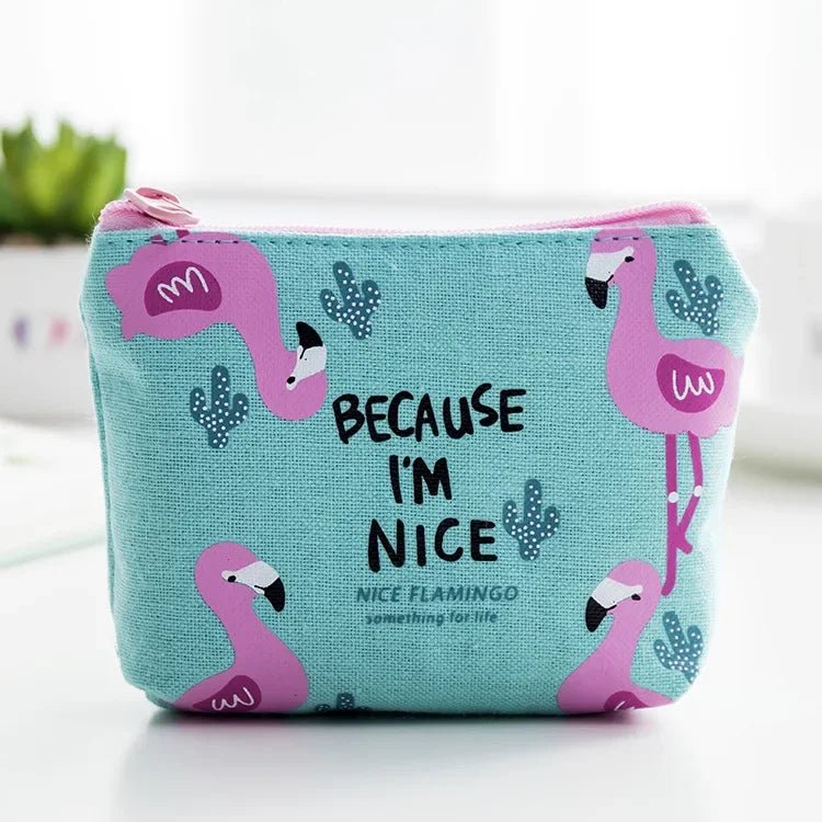 Korean Square Flamingo Coin Money Pouch | Small Canvas Zipper Wallet for Students - Daebak