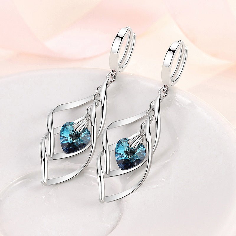 Korean Style Blue Crystal Heart Ocean French Temperament Earrings - Daebak