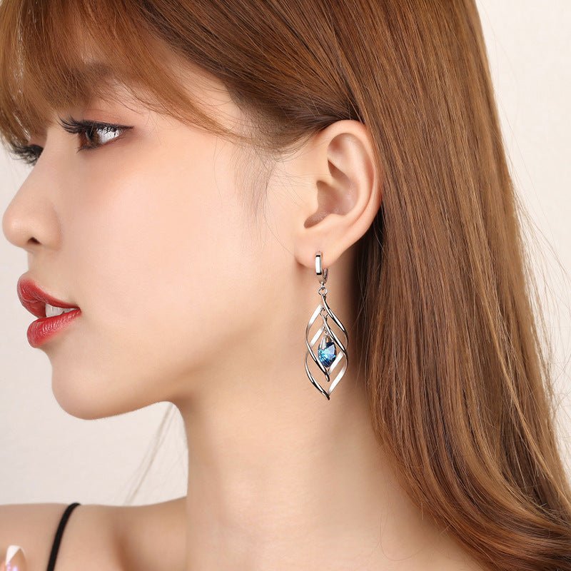 Korean Style Blue Crystal Heart Ocean French Temperament Earrings - Daebak