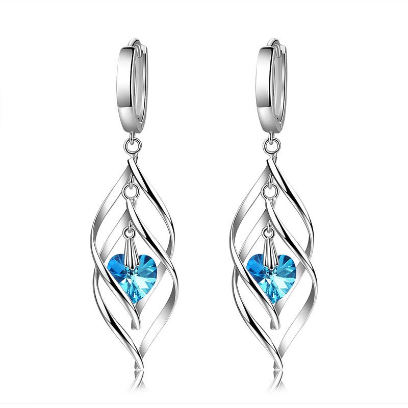 Korean Style Blue Crystal Heart Ocean French Temperament Earrings - Daebak