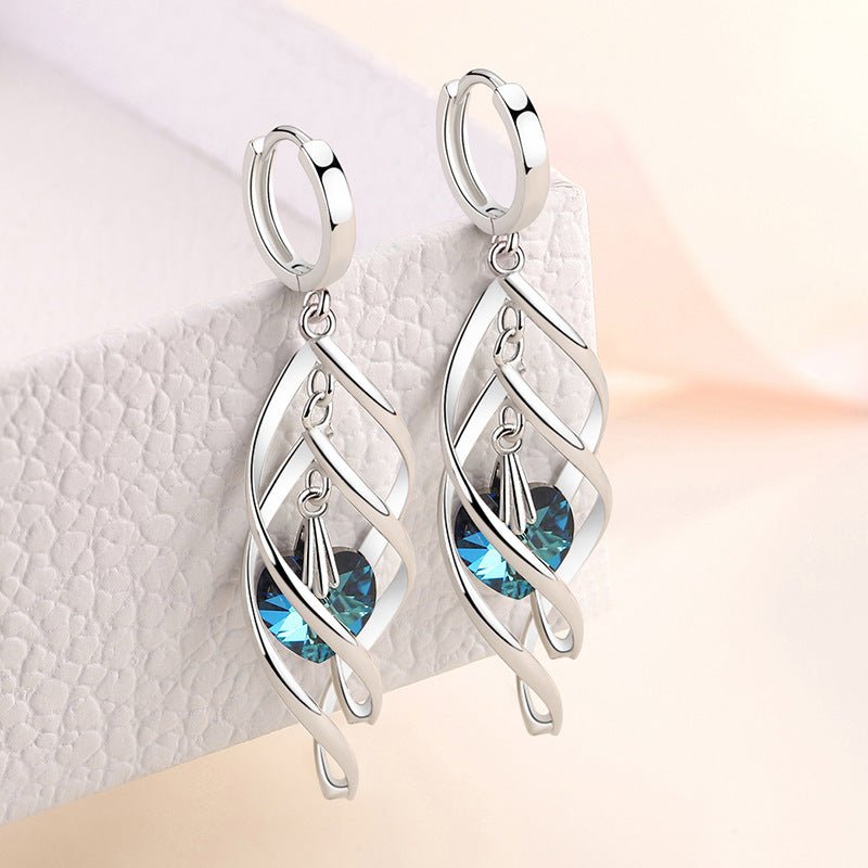 Korean Style Blue Crystal Heart Ocean French Temperament Earrings - Daebak