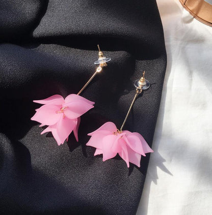 Korean Style Frosted Leaf Petal Long Flower Tassel Lotus Earrings - Daebak