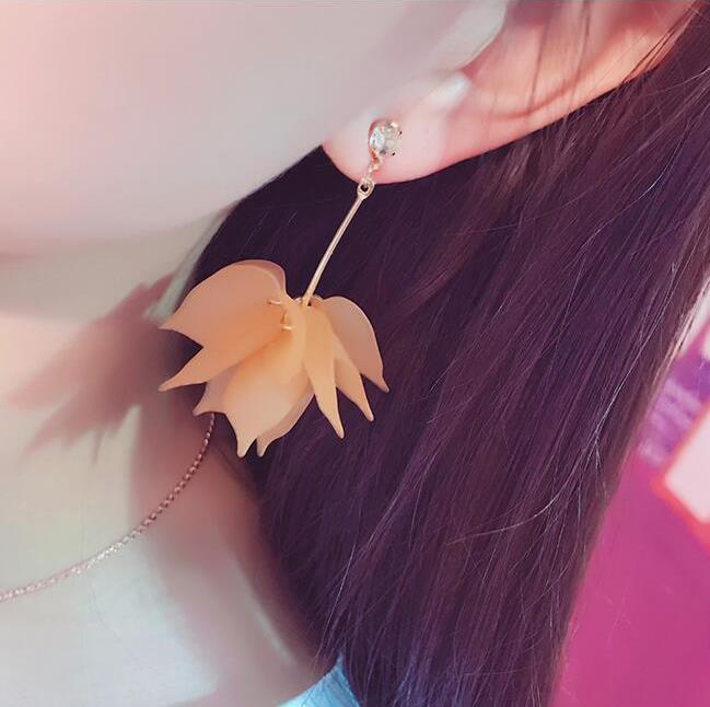 Korean Style Frosted Leaf Petal Long Flower Tassel Lotus Earrings - Daebak