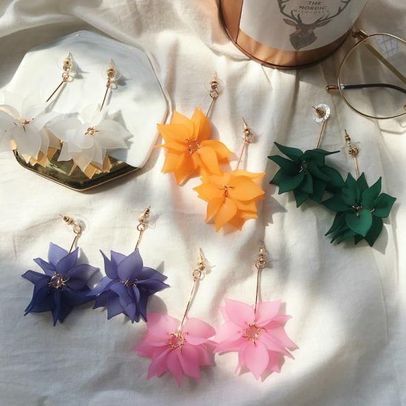 Korean Style Frosted Leaf Petal Long Flower Tassel Lotus Earrings - Daebak