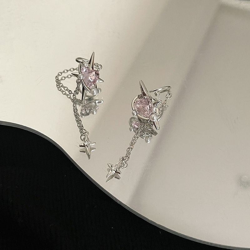 Korean Style Trendy Heart-shaped Zircon Stars Tassel Female Niche Design Ear Clip - Daebak