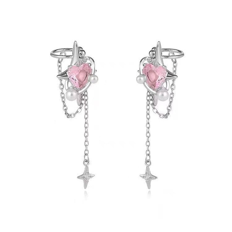 Korean Style Trendy Heart-shaped Zircon Stars Tassel Female Niche Design Ear Clip - Daebak