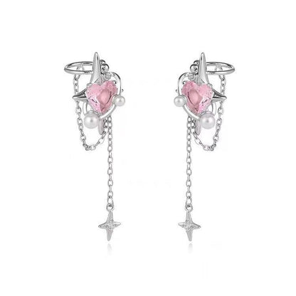 Korean Style Trendy Heart-shaped Zircon Stars Tassel Female Niche Design Ear Clip - Daebak
