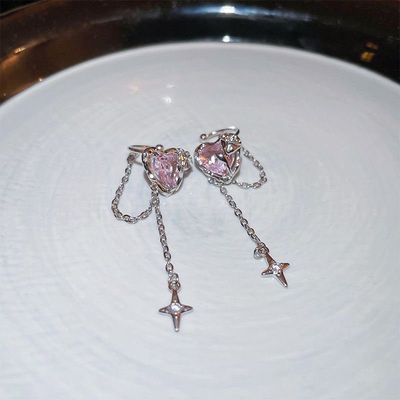 Korean Style Trendy Heart-shaped Zircon Stars Tassel Female Niche Design Ear Clip - Daebak