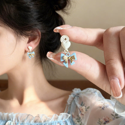 Korean Style Younger Delicate Heart Bow Eardrops Niche Ear Clip - Daebak