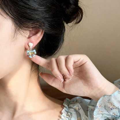 Korean Style Younger Delicate Heart Bow Eardrops Niche Ear Clip - Daebak