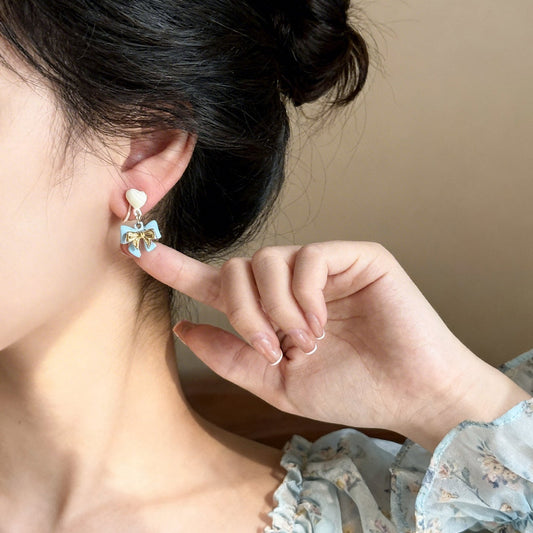 Korean Style Younger Delicate Heart Bow Eardrops Niche Ear Clip - Daebak