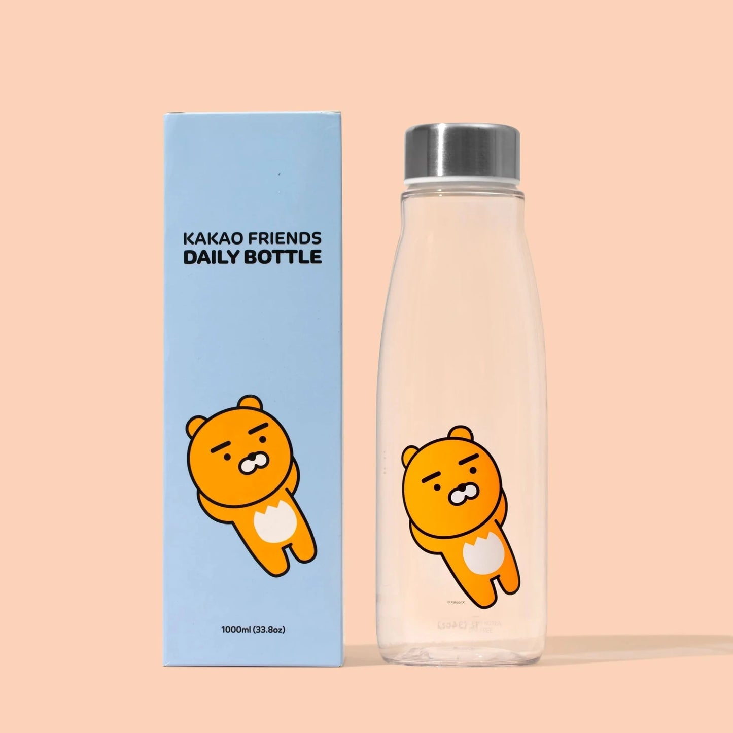 Large Size Water Bottle KakaoFriends Licensed Design - 1 Liter (33.8oz) Tritan Material - Leak Proof Twist Off Steel Cap (RYAN) - Daebak