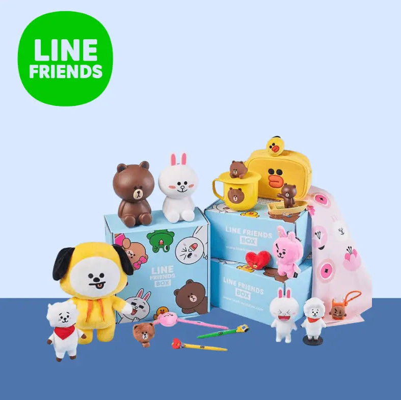 LINE FRIENDS is daebak collab box filled with exclusive K-pop merch, K-beauty items, and cute character collectibles.