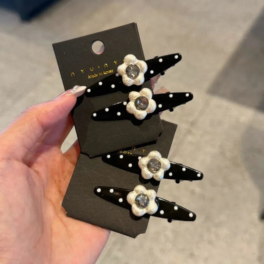 New Sweet Polka Dot Pearl Flower Clip Womens Bangs Clip Elegant Fashion Korean Style Duckbill Hair Rhinestone Accessory Pair Set - Daebak