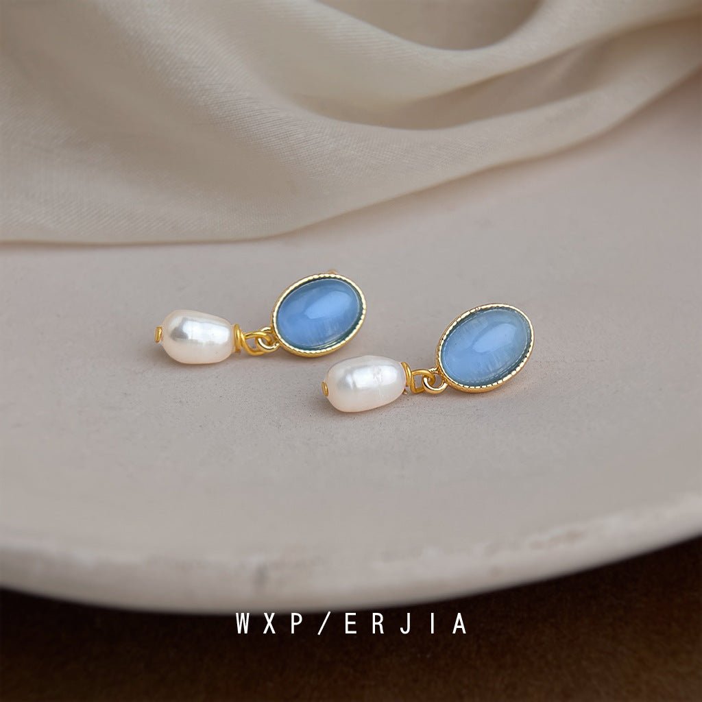 Pearl Gold Plated Mosquito Coil French Fresh Blue Glass Opal Ear Clip - Daebak