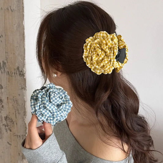 Plaid Fabric Flower Hair Claw Clips for Women Girls Korean Fashion Summer Vacation Ponytail Holder Hair Styling Accessories New - Daebak