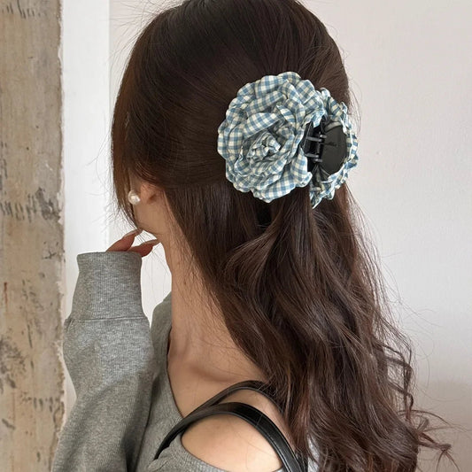 Plaid Fabric Flower Hair Claw Clips for Women Girls Korean Fashion Summer Vacation Ponytail Holder Hair Styling Accessories New - Daebak