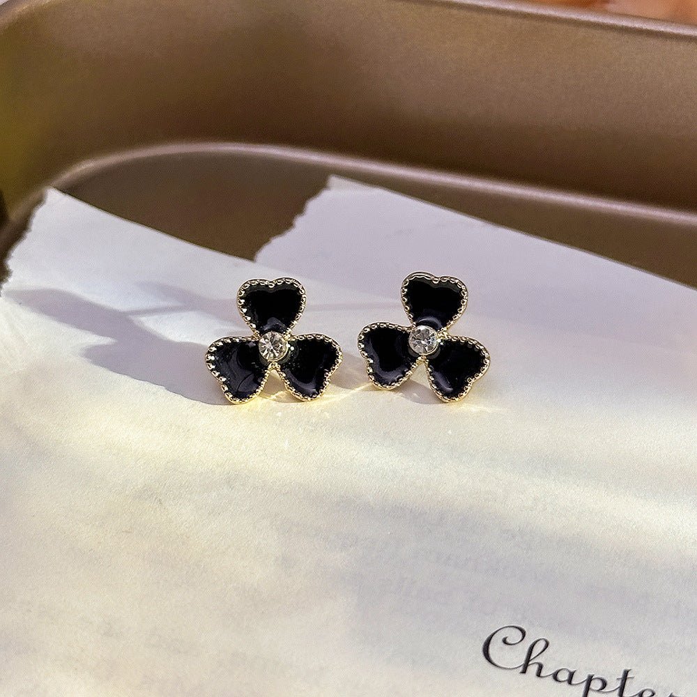 Sier Black Oil Dripping Flower Ear Korean Simple Elegant High-grade Stud Earrings - Daebak
