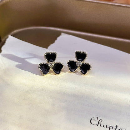 Sier Black Oil Dripping Flower Ear Korean Simple Elegant High-grade Stud Earrings - Daebak