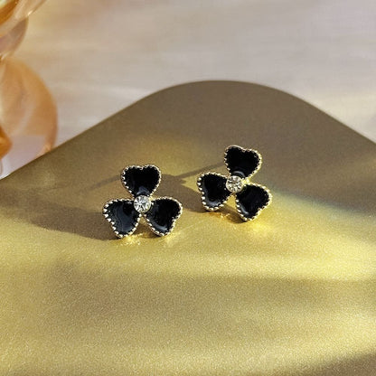 Sier Black Oil Dripping Flower Ear Korean Simple Elegant High-grade Stud Earrings - Daebak