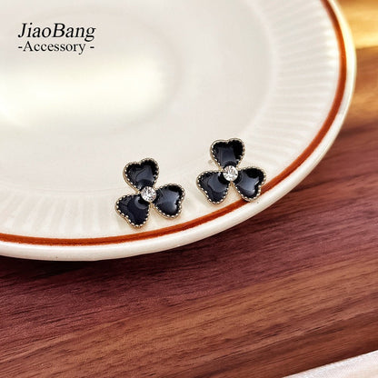Sier Black Oil Dripping Flower Ear Korean Simple Elegant High-grade Stud Earrings - Daebak