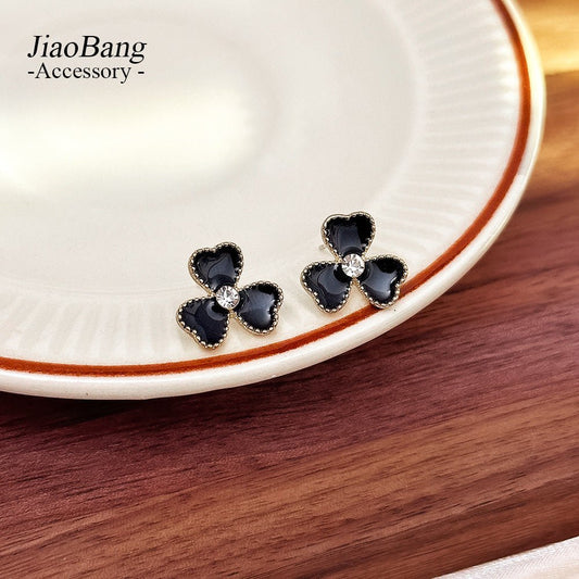 Sier Black Oil Dripping Flower Ear Korean Simple Elegant High-grade Stud Earrings - Daebak