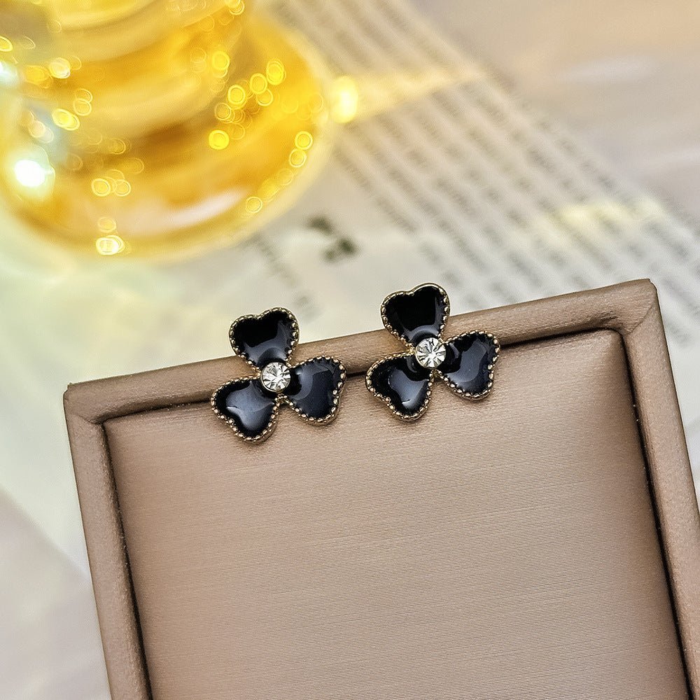 Sier Black Oil Dripping Flower Ear Korean Simple Elegant High-grade Stud Earrings - Daebak